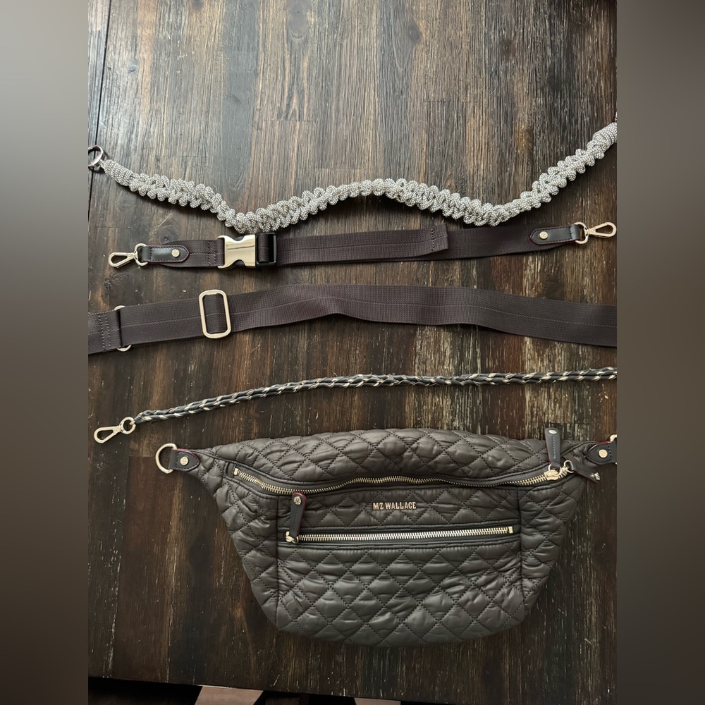 MZ Wallace Quilted Belt Bag / Crossbody – Magnet Gray – Extra Rhinestone Strap